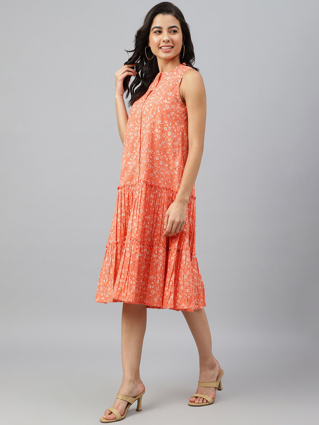 Janasya Women's Peach Cotton Floral Printed Flared Western Dress