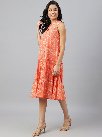 Janasya Women's Peach Cotton Floral Printed Flared Western Dress