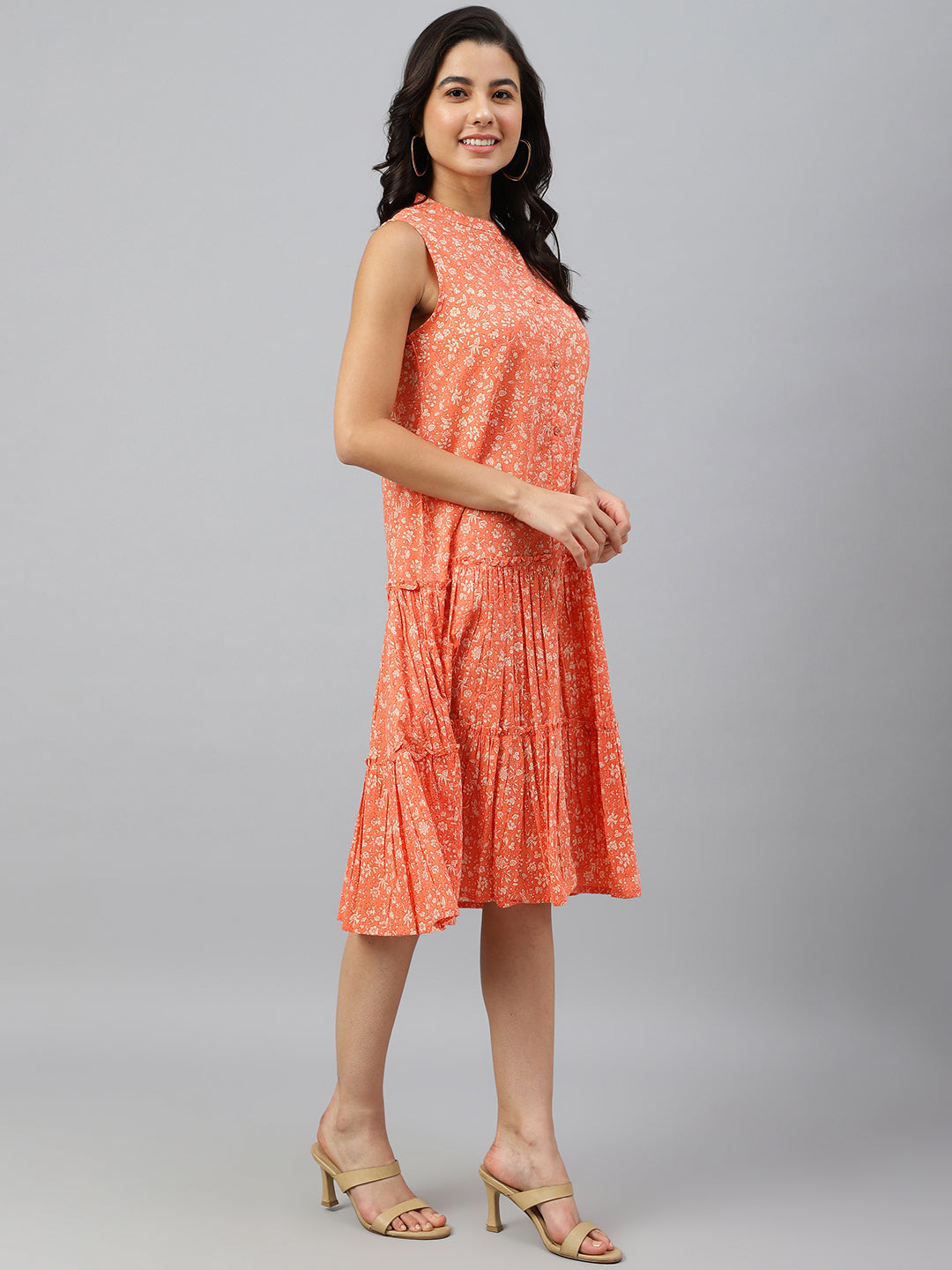 Janasya Women's Peach Cotton Floral Printed Flared Western Dress