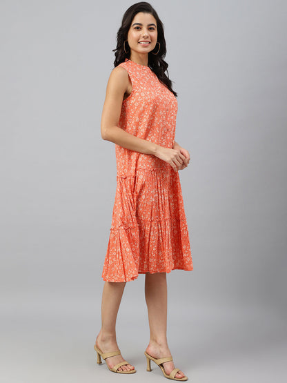Janasya Women's Peach Cotton Floral Printed Flared Western Dress