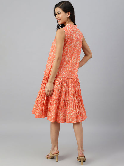 Janasya Women's Peach Cotton Floral Printed Flared Western Dress