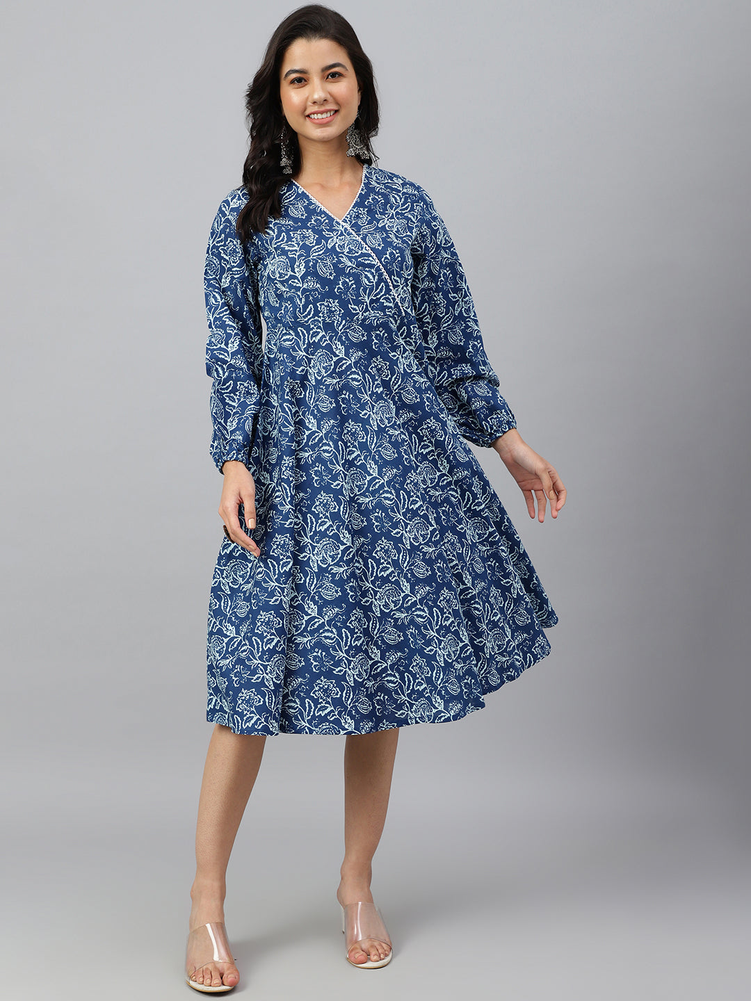 Janasya Women's Navy Blue Cotton Floral Printed Angrakha Western Dress