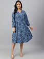 Janasya Women's Navy Blue Cotton Floral Printed Angrakha Western Dress