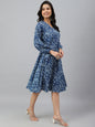 Janasya Women's Navy Blue Cotton Floral Printed Angrakha Western Dress