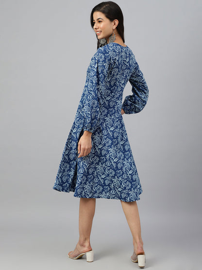 Janasya Women's Navy Blue Cotton Floral Printed Angrakha Western Dress