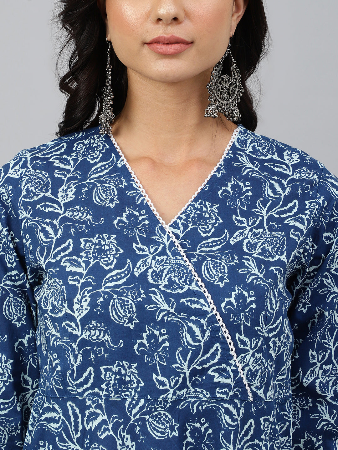 Janasya Women's Navy Blue Cotton Floral Printed Angrakha Western Dress