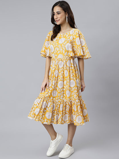Janasya Women's Yellow Cotton Floral Printed Flared Western Dress