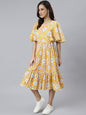 Janasya Women's Yellow Cotton Floral Printed Flared Western Dress
