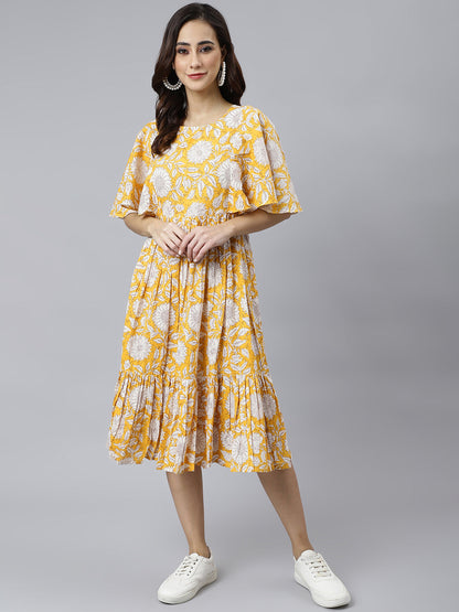Janasya Women's Yellow Cotton Floral Printed Flared Western Dress