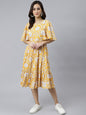 Janasya Women's Yellow Cotton Floral Printed Flared Western Dress