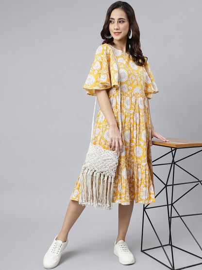 Janasya Women's Yellow Cotton Floral Printed Flared Western Dress