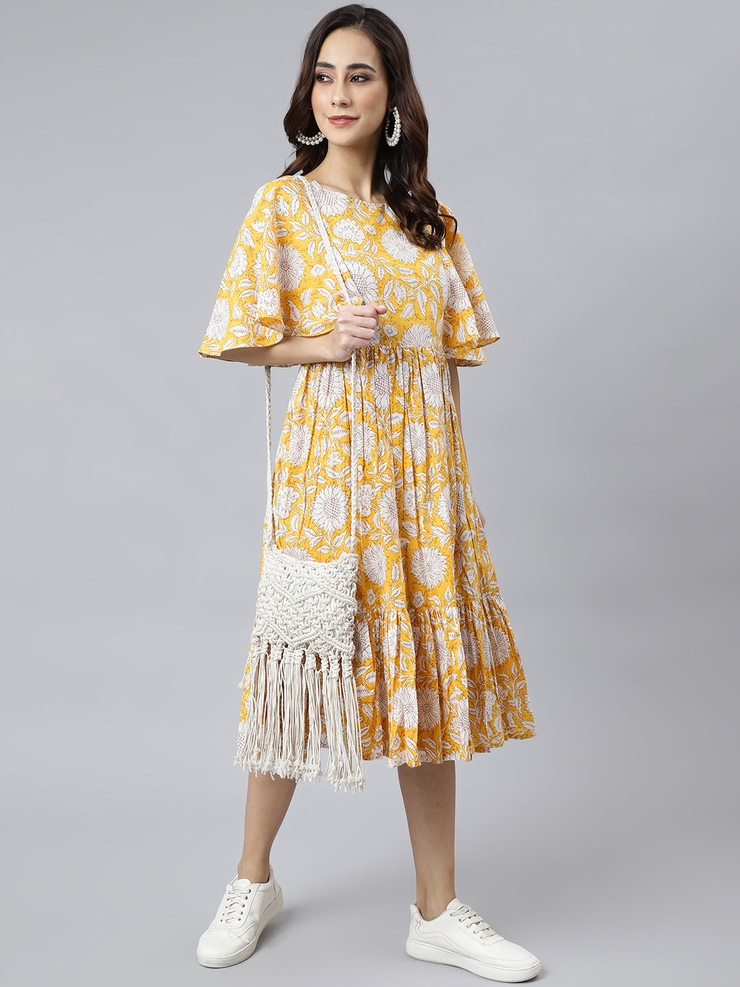 Janasya Women's Yellow Cotton Floral Printed Flared Western Dress
