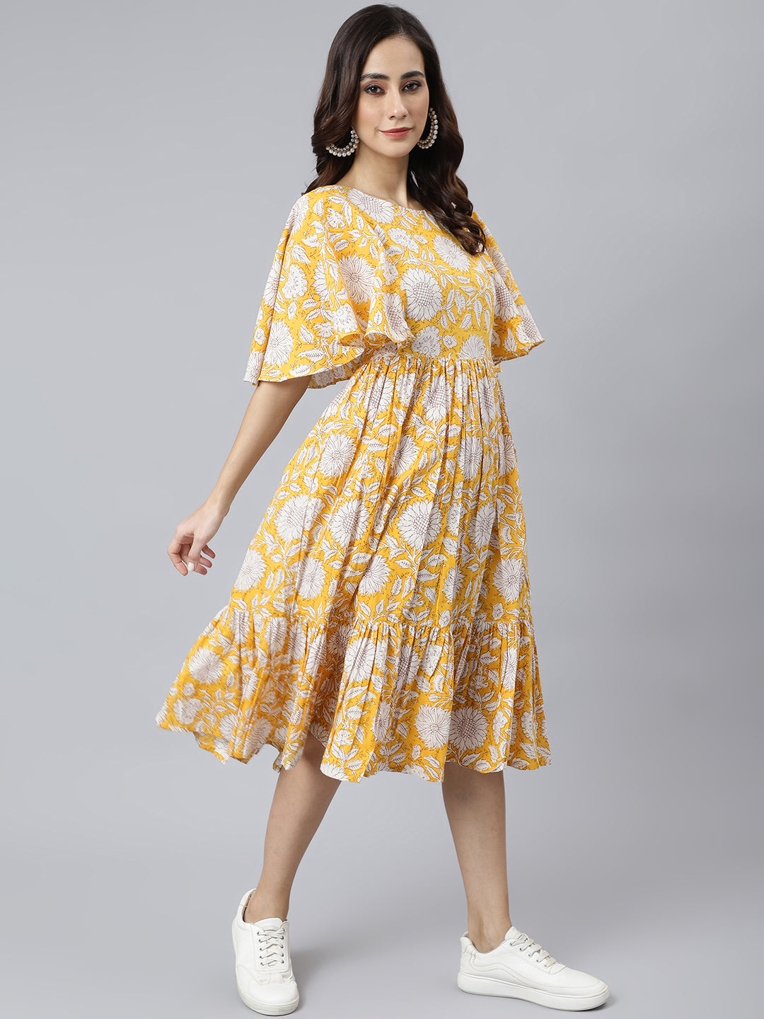 Janasya Women's Yellow Cotton Floral Printed Flared Western Dress