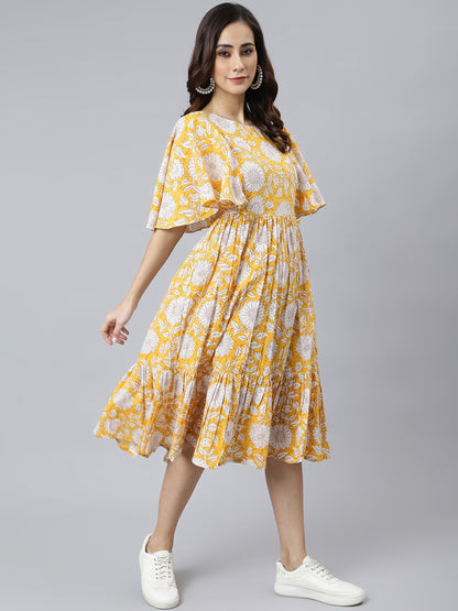 Janasya Women's Yellow Cotton Floral Printed Flared Western Dress