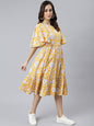 Janasya Women's Yellow Cotton Floral Printed Flared Western Dress