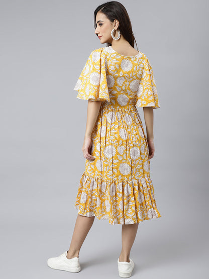 Janasya Women's Yellow Cotton Floral Printed Flared Western Dress
