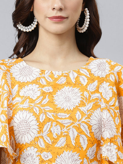 Janasya Women's Yellow Cotton Floral Printed Flared Western Dress