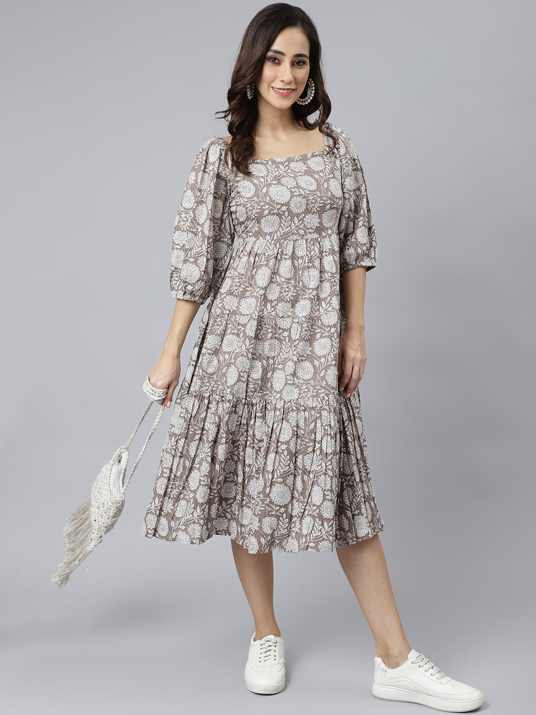Janasya Women's Grey Cotton Floral Printed Flared Western Dress