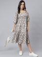 Janasya Women's Grey Cotton Floral Printed Flared Western Dress