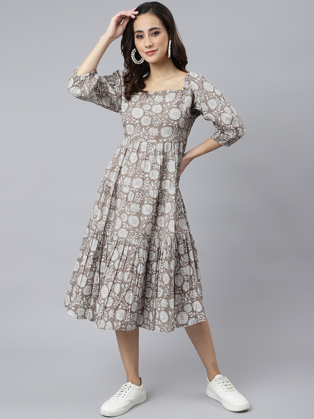 Janasya Women's Grey Cotton Floral Printed Flared Western Dress
