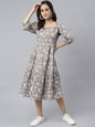 Janasya Women's Grey Cotton Floral Printed Flared Western Dress