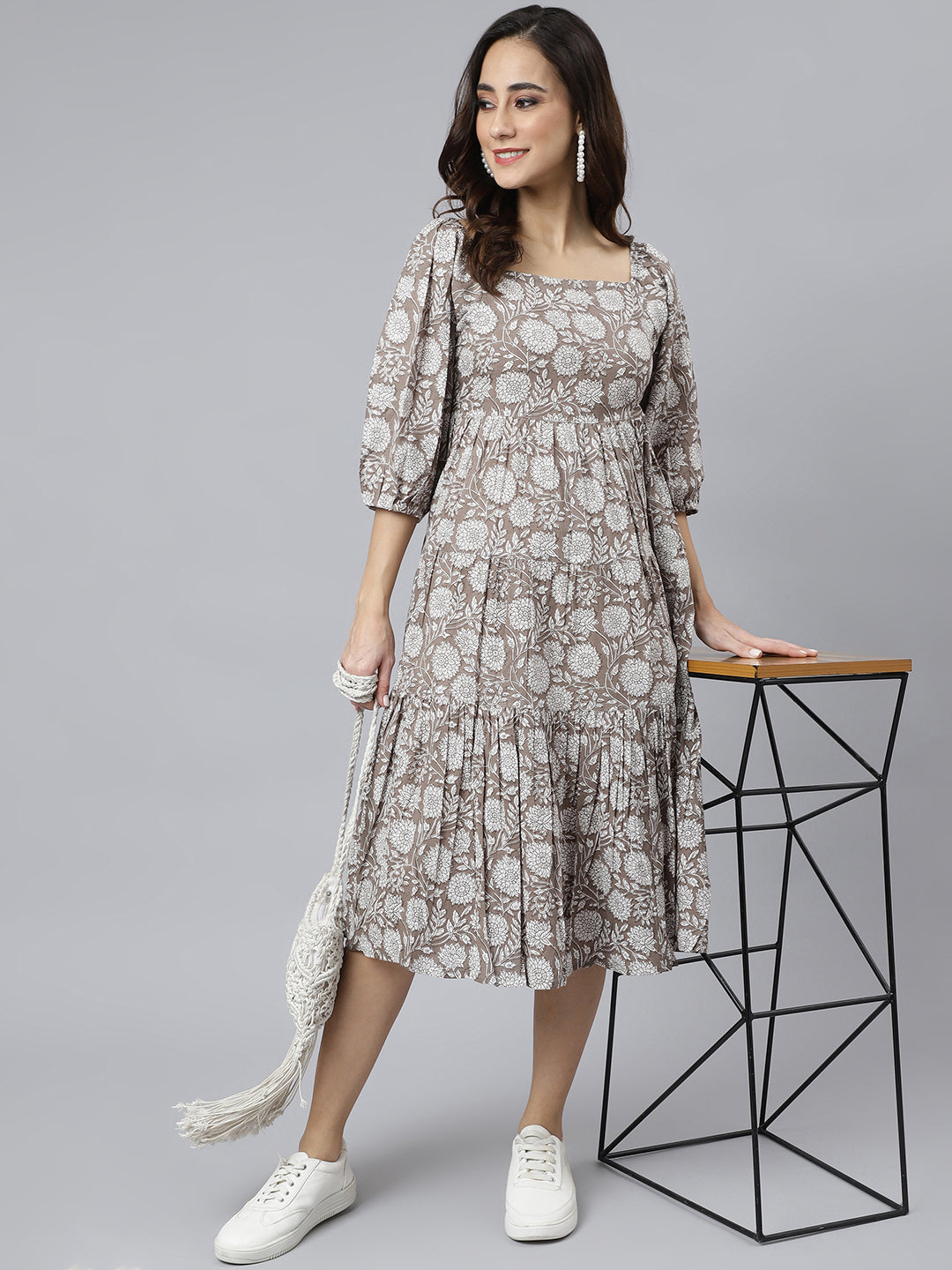 Janasya Women's Grey Cotton Floral Printed Flared Western Dress