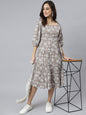Janasya Women's Grey Cotton Floral Printed Flared Western Dress