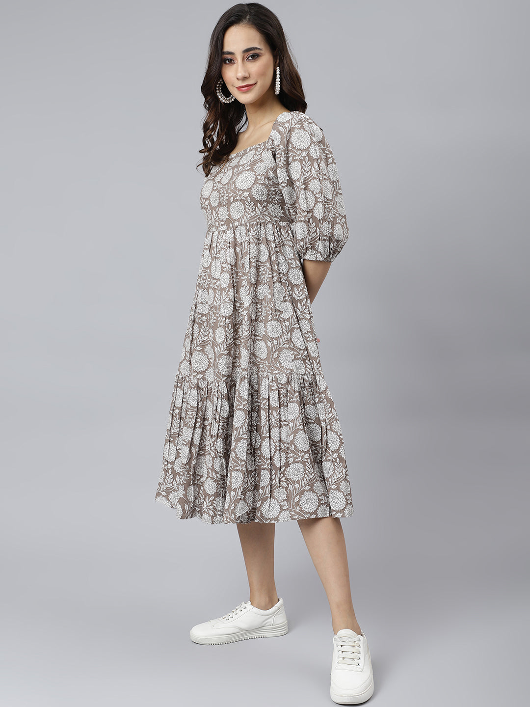 Janasya Women's Grey Cotton Floral Printed Flared Western Dress