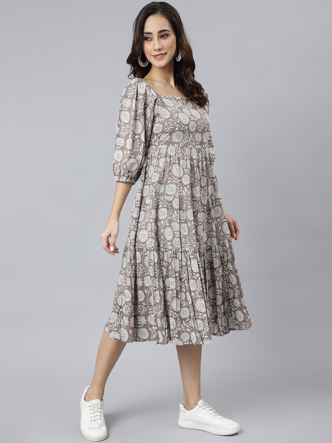 Janasya Women's Grey Cotton Floral Printed Flared Western Dress