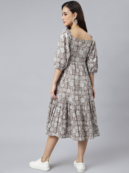 Janasya Women's Grey Cotton Floral Printed Flared Western Dress