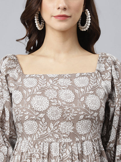 Janasya Women's Grey Cotton Floral Printed Flared Western Dress