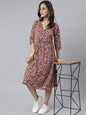 Janasya Women's Maroon Cotton Floral Printed Angrakha Western Dress