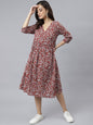Janasya Women's Maroon Cotton Floral Printed Angrakha Western Dress