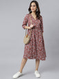 Janasya Women's Maroon Cotton Floral Printed Angrakha Western Dress