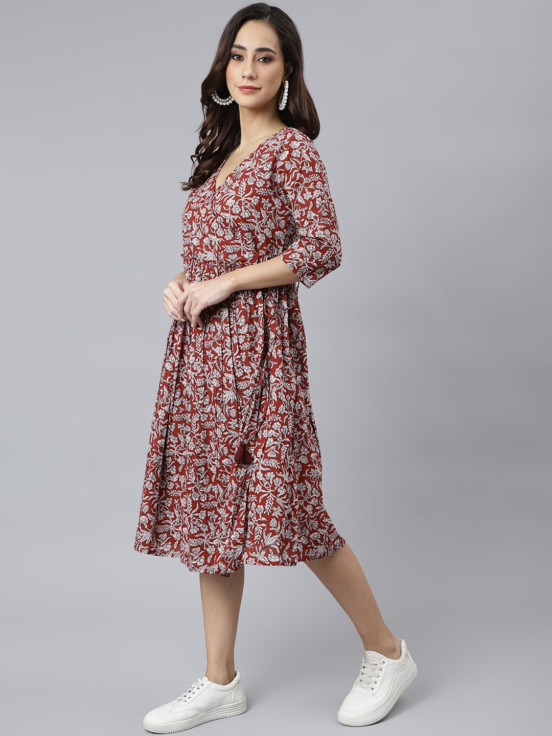 Janasya Women's Maroon Cotton Floral Printed Angrakha Western Dress