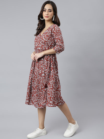 Janasya Women's Maroon Cotton Floral Printed Angrakha Western Dress