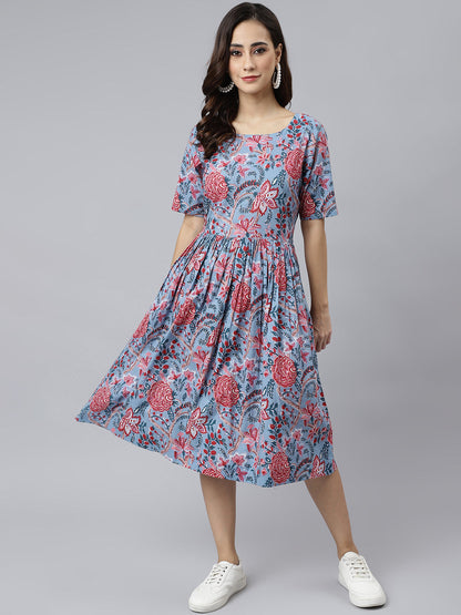 Janasya Women's Sky Blue Cotton Floral Printed Flared Western Dress