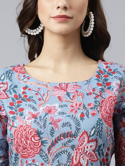 Janasya Women's Sky Blue Cotton Floral Printed Flared Western Dress