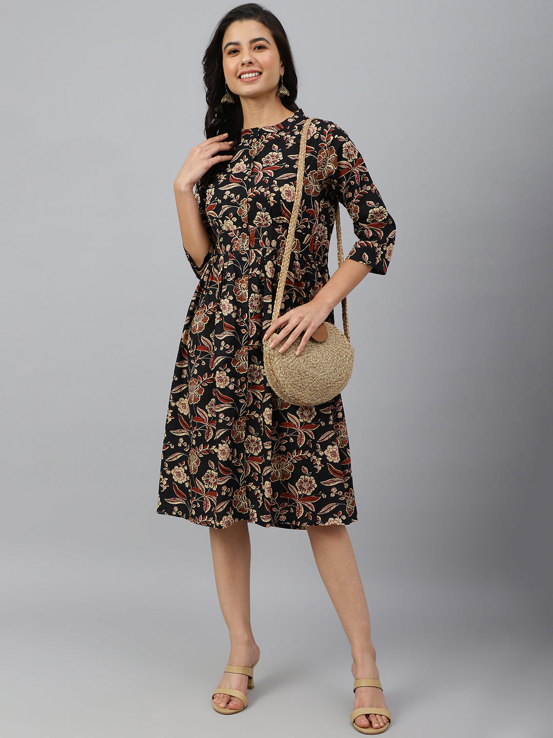 Janasya Women's Black Cotton Floral Printed Flared Western Dress