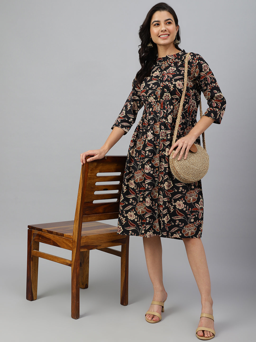 Janasya Women's Black Cotton Floral Printed Flared Western Dress