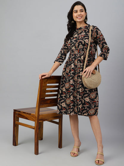 Janasya Women's Black Cotton Floral Printed Flared Western Dress