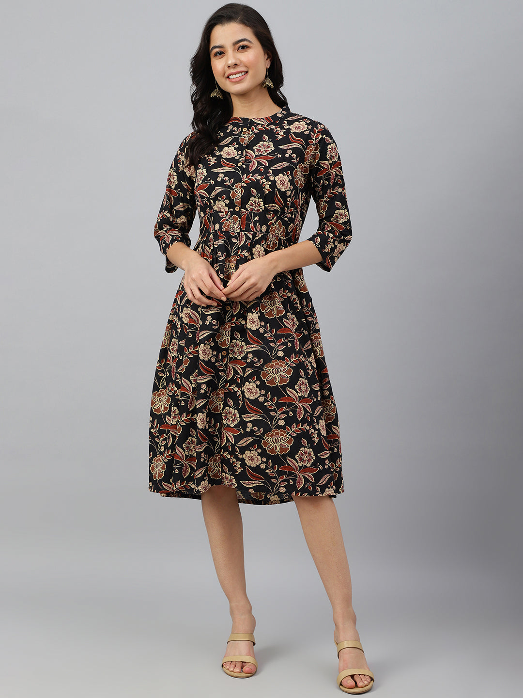 Janasya Women's Black Cotton Floral Printed Flared Western Dress