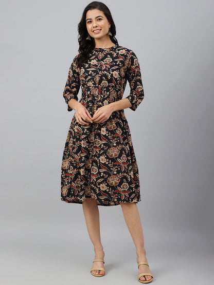 Janasya Women's Black Cotton Floral Printed Flared Western Dress