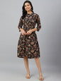 Janasya Women's Black Cotton Floral Printed Flared Western Dress