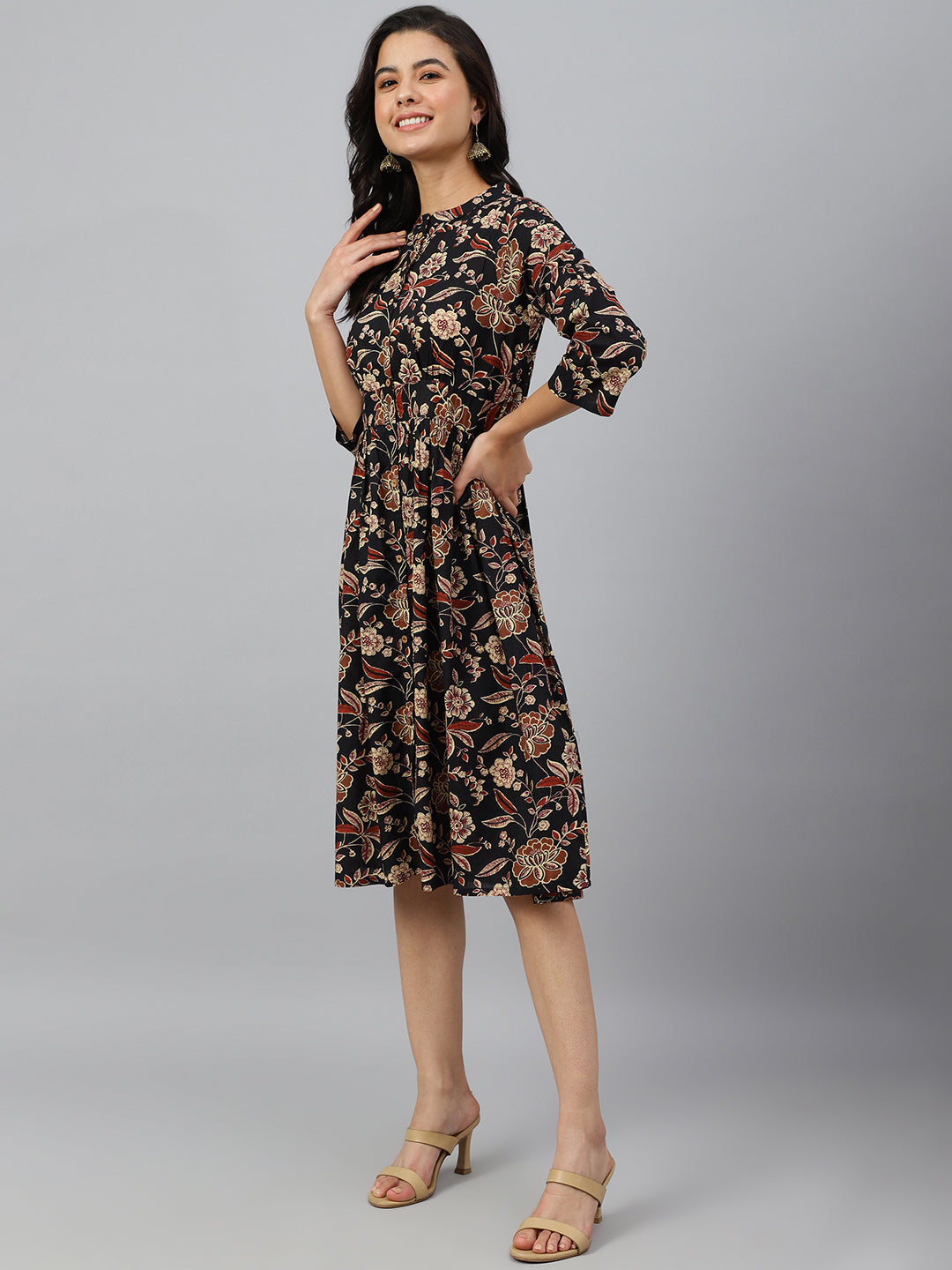 Janasya Women's Black Cotton Floral Printed Flared Western Dress