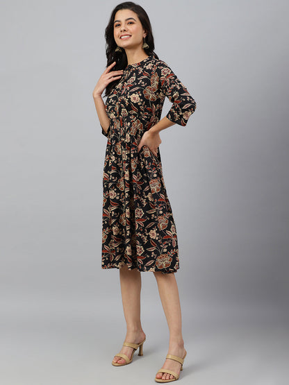 Janasya Women's Black Cotton Floral Printed Flared Western Dress