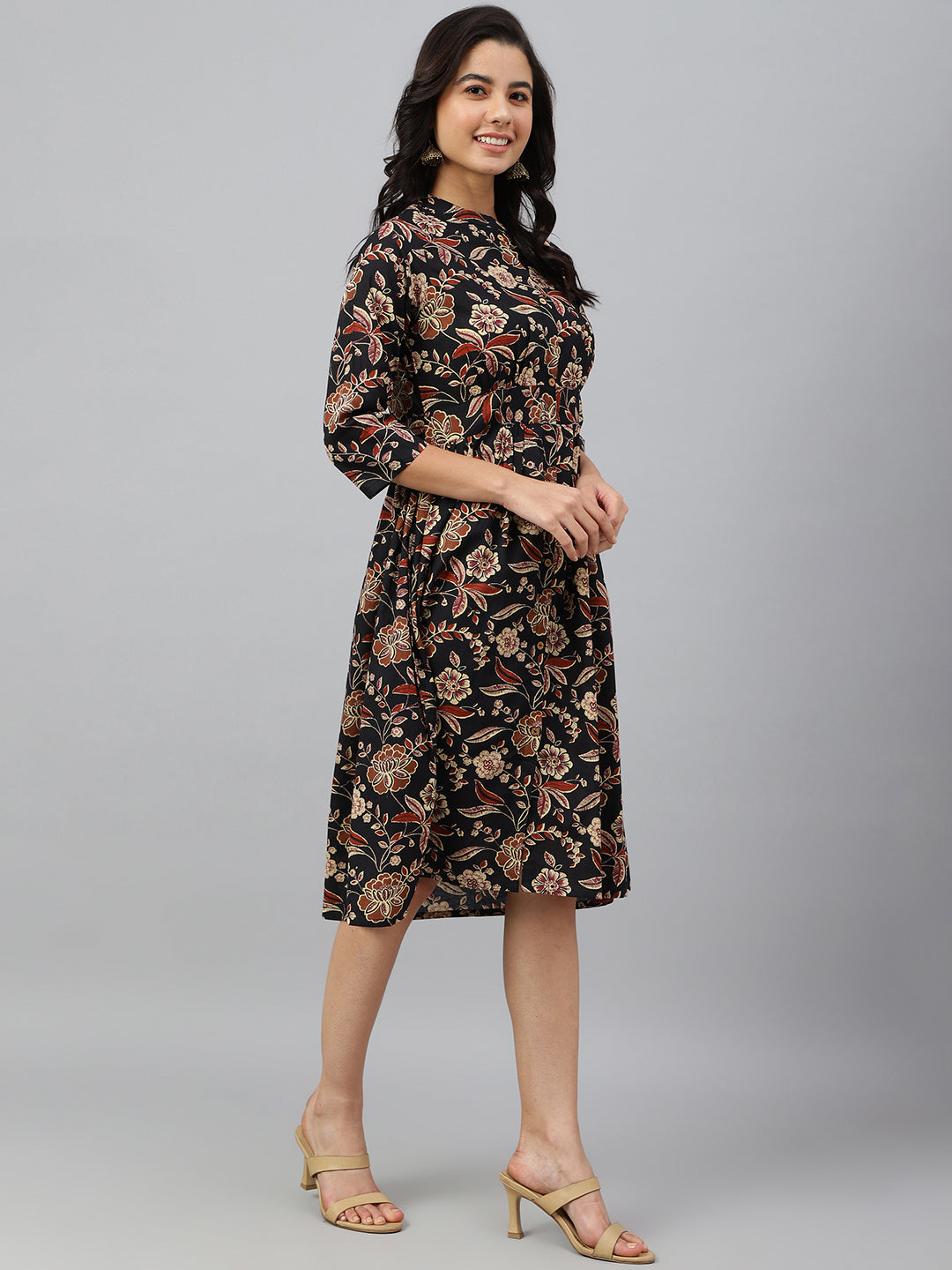 Janasya Women's Black Cotton Floral Printed Flared Western Dress