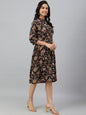 Janasya Women's Black Cotton Floral Printed Flared Western Dress