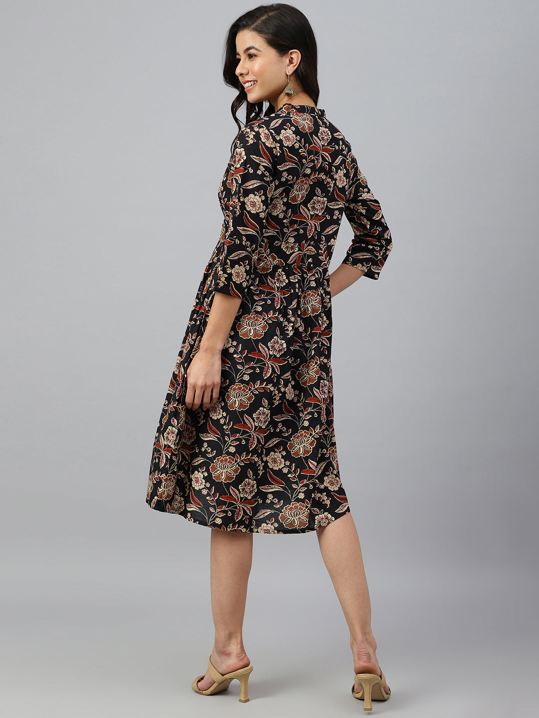 Janasya Women's Black Cotton Floral Printed Flared Western Dress