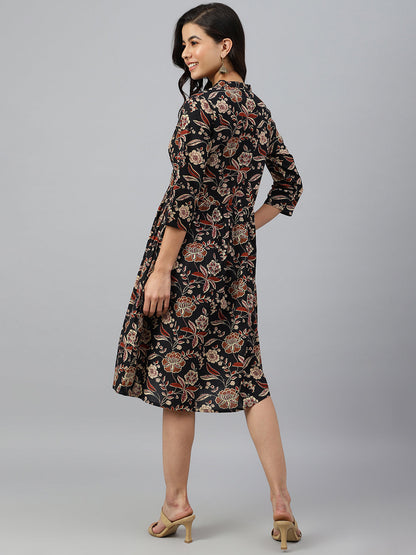 Janasya Women's Black Cotton Floral Printed Flared Western Dress
